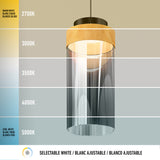 A pendant light with a wooden and glass fixture is shown under five different color temperatures from warm white (2700K) to cool white (5000K), each labeled and visually represented from yellowish to bluish tones.