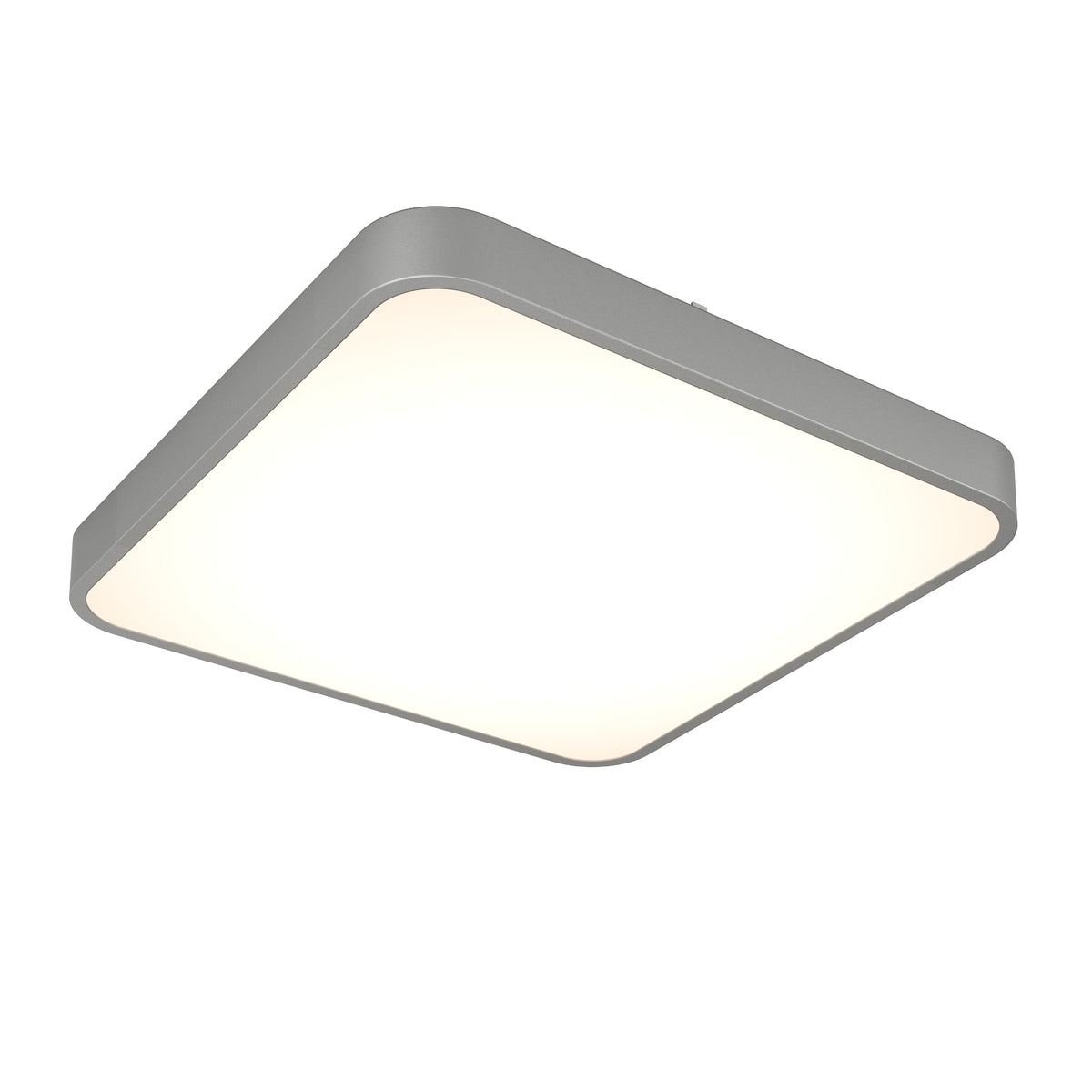 A modern, square-shaped LED ceiling light with rounded corners and a silver frame, emitting a bright, even glow.