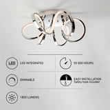 Modern chrome LED ceiling light with looped design. Four icons highlight features: LED integrated, 50,000 hours lifespan, dimmable, 1800 lumens brightness, and easy installation with a safety hook included.