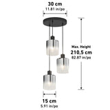 Three pendant lights with cylindrical glass shades hang at different lengths from a round black ceiling mount. Dimensions shown: 30 cm wide, 15 cm shade diameter, max height 210.5 cm. Measurements in cm and inches.