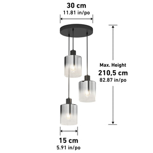 The Artika Haze modern 3-light pendant features three black cylindrical glass shades on a round ceiling mount, measuring 30 cm wide, 15 cm shade diameter, and up to 210.5 cm high (dimensions also shown in inches).