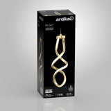 A black box packaging for the Artika Mini Swirl pendant light, featuring a gold, spiral-shaped LED fixture image and product details, including brightness, energy usage, and smart home compatibility icons.