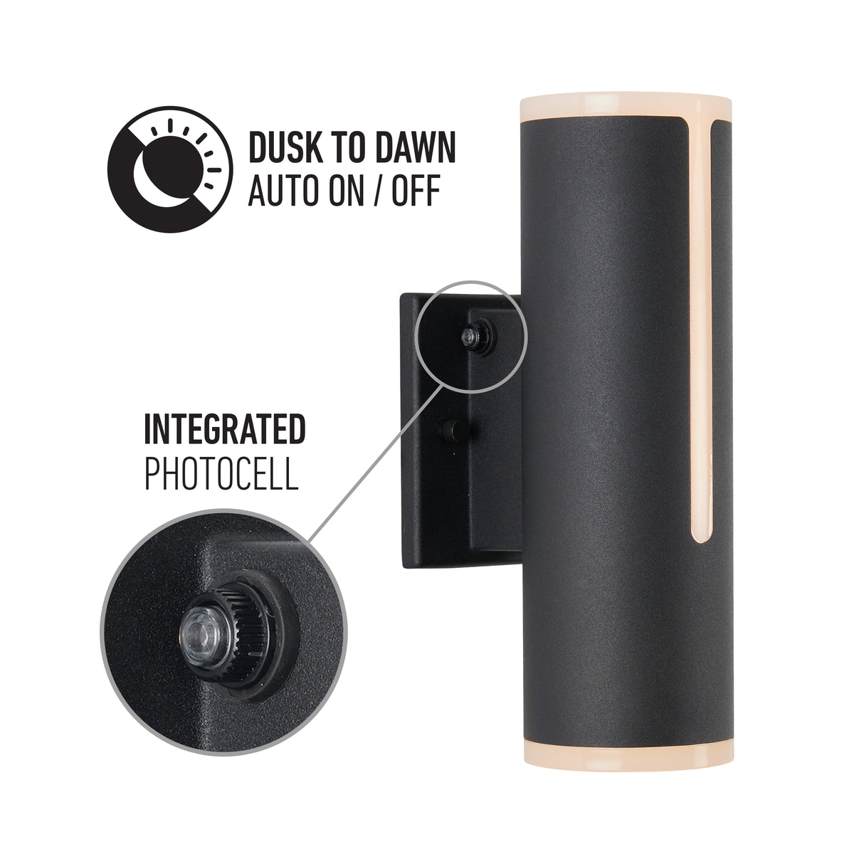 A black cylindrical outdoor wall light with a labeled integrated photocell feature and “Dusk to Dawn Auto On/Off” text, showing automatic lighting functionality controlled by the photocell.