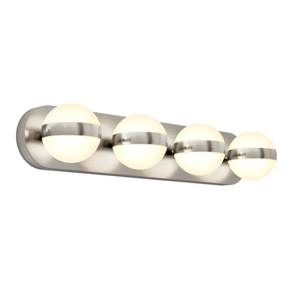 A modern wall sconce light fixture with four round frosted glass globes, each encircled by a brushed nickel band, mounted on a rectangular metallic base.