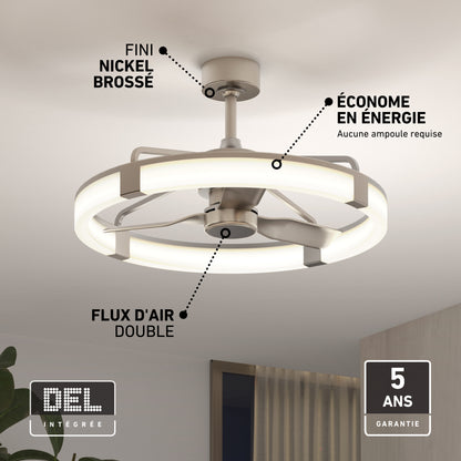 Artika Sunnyvale 28 in. LED fandelier ceiling fan in brushed nickel with energy-efficient dual airflow and a 5-year warranty.