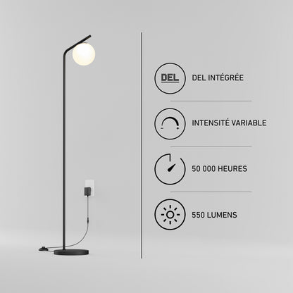 Clayton dimmable LED modern mid-century floor lamp with a spherical bulb, 50,000-hour integrated LED, and 550 lumens.