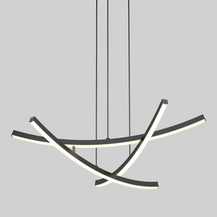 The Orly modern LED pendant light 5 CCT by Artika features three curved black bars suspended by thin wires, each emitting a soft white glow in an abstract intersecting design against a plain gray background.