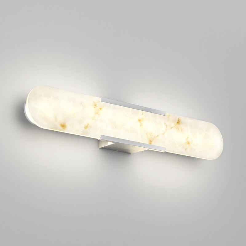 The Artika Selena LED bathroom vanity light 3 CCT offers a modern look with a glowing marbled white finish for gray-walled bathrooms.
