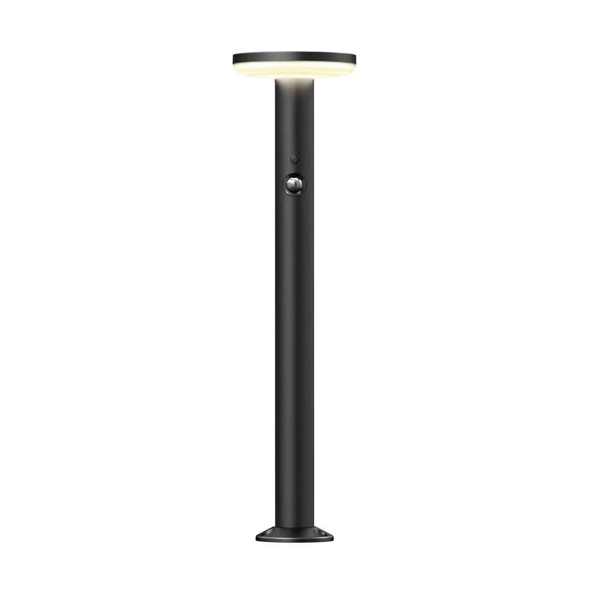 Artika Urbia Solar LED Bollard: sleek black post, round top light, motion sensor button, circular base—modern outdoor lighting.