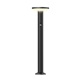 Artika Urbia Solar LED Bollard: sleek black post, round top light, motion sensor button, circular base—modern outdoor lighting.
