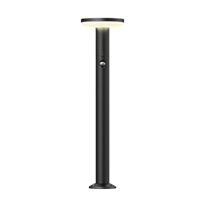 Artika Urbia Solar LED Bollard: sleek black post, round top light, motion sensor button, circular base—modern outdoor lighting.