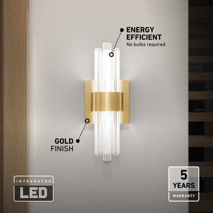 Dorado contemporary LED wall sconce 3 CCT with vertical glass rods and a gold center band, featuring integrated LED and adjustable color temperature.