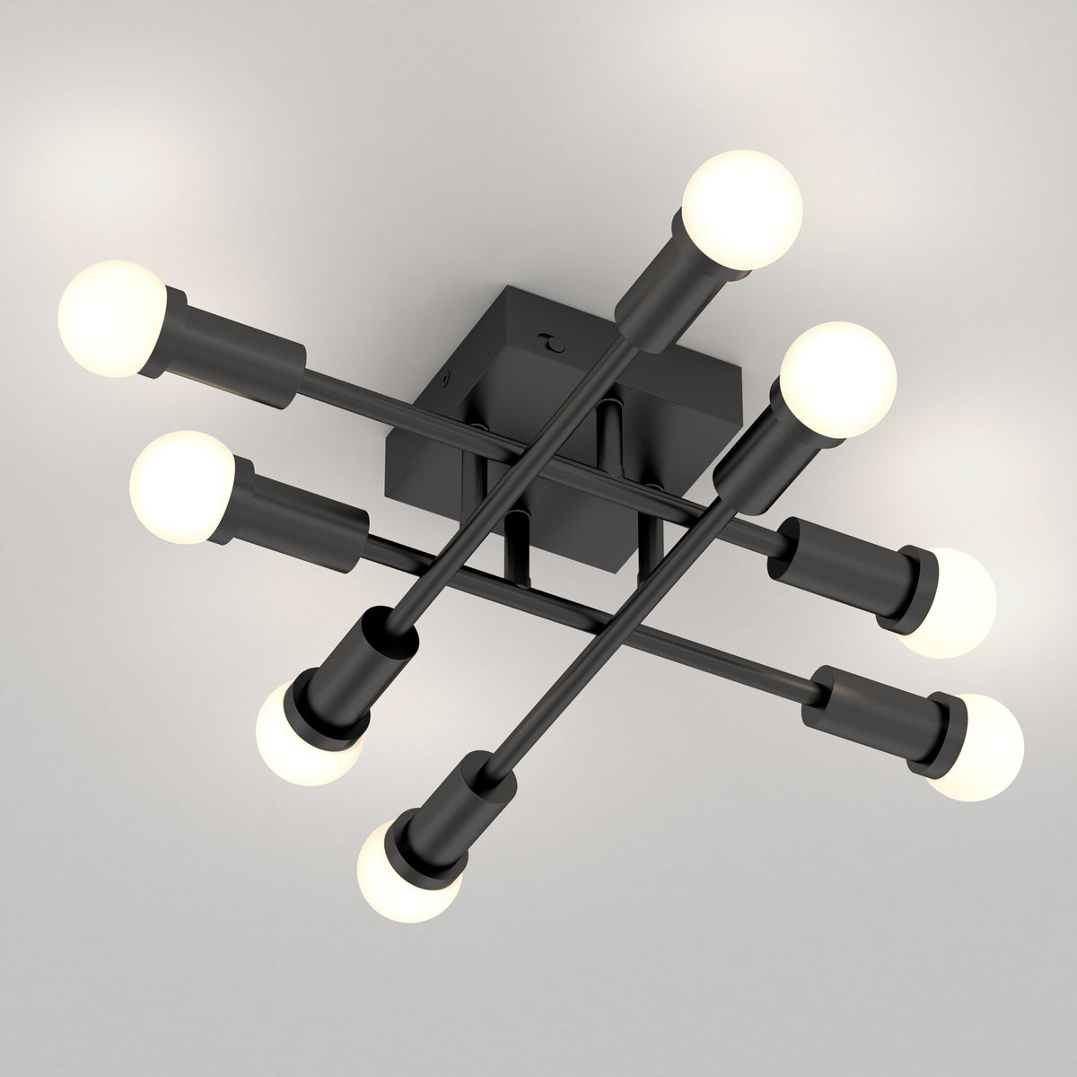 The Artika Aristo LED flush mount features black intersecting rods, round white bulbs, 3 CCT, and a modern square base.