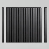 A black rectangular panel with evenly spaced vertical slats, shown with single matching slats on both the left and right sides, all against a plain light gray background.
