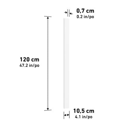 Artika AXEN Shilap 48" vertical MDF wall panel, ready-to-paint; 12-pack shown with arrows, labels.