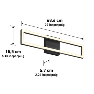 The Artika Dover 27-in (69 cm) Integrated LED 5-CCT Vanity Light Bar features a modern rectangular design with a black base—perfect for bathrooms. Dimensions: 69 cm ancho, 15.5 cm alto, 5.7 cm profundo (also shown in inches).