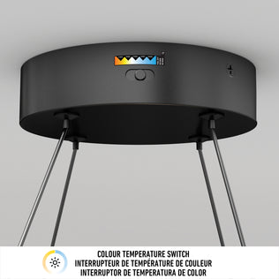 The Mora 28″ LED Pendant by Artika is a black fixture with adjustable color temp and a labeled 5CCT indicator.