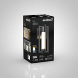 A black and grey product box for an Artika outdoor wall light fixture, featuring images of the light, product details, and energy efficiency information on a white gradient background.