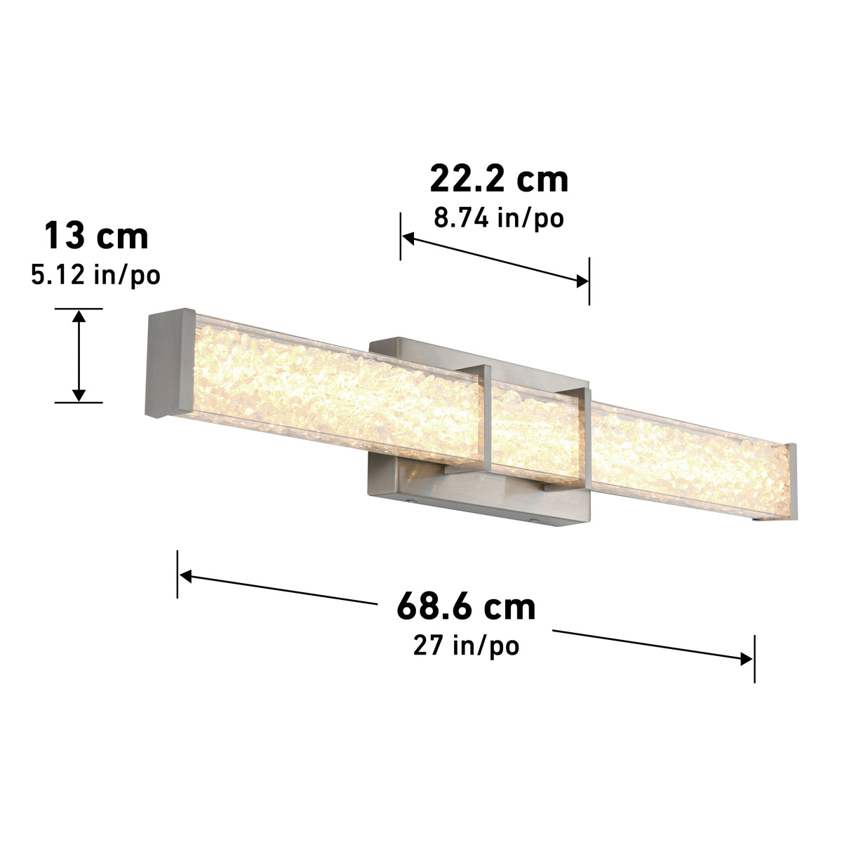 Artika Royale 27-in (69 cm) LED vanity bar, shown with labeled dimensions: 13 cm, 22.2 cm, and 68.6 cm.