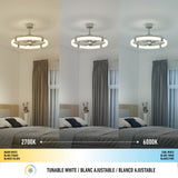 A ceiling light above a bed is shown in three lighting settings: warm white (2700K), neutral white, and cool white (6000K), demonstrating the tunable white color temperature options.