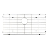 A rectangular metal sink grid with a circular cutout in the center and black rubber feet at the corners and sides.