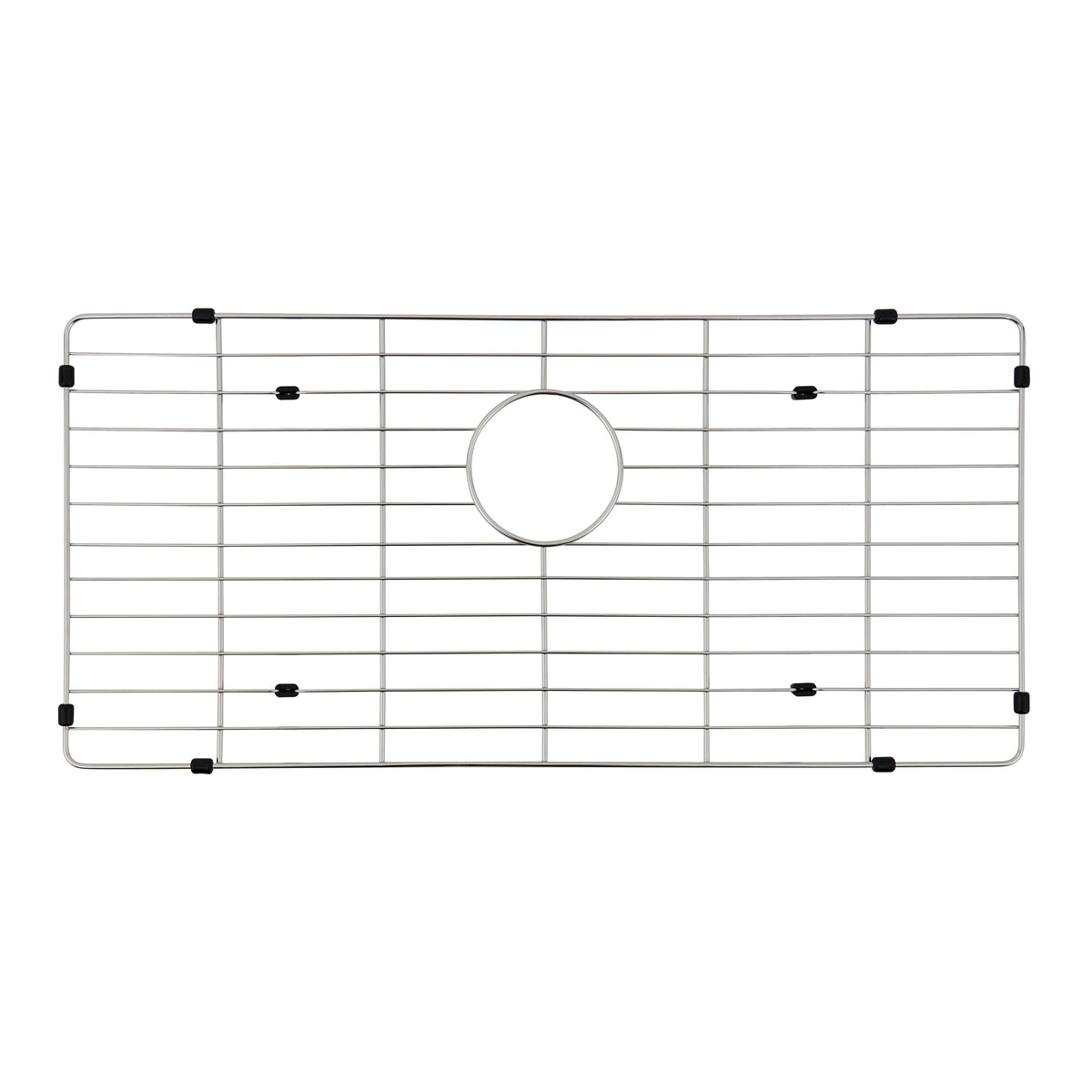 The Artika Neoflow single bowl 31 in. stainless steel workstation sink grid features a rectangular shape, center circular cutout, and black protective bumpers for a perfect fit.
