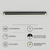 A slim, modern LED ceiling light is shown above icons highlighting features: LED integrated, 50,000 hours lifespan, dimmable, easy installation with a safety hook, 2200 lumens brightness, and selectable white technology.