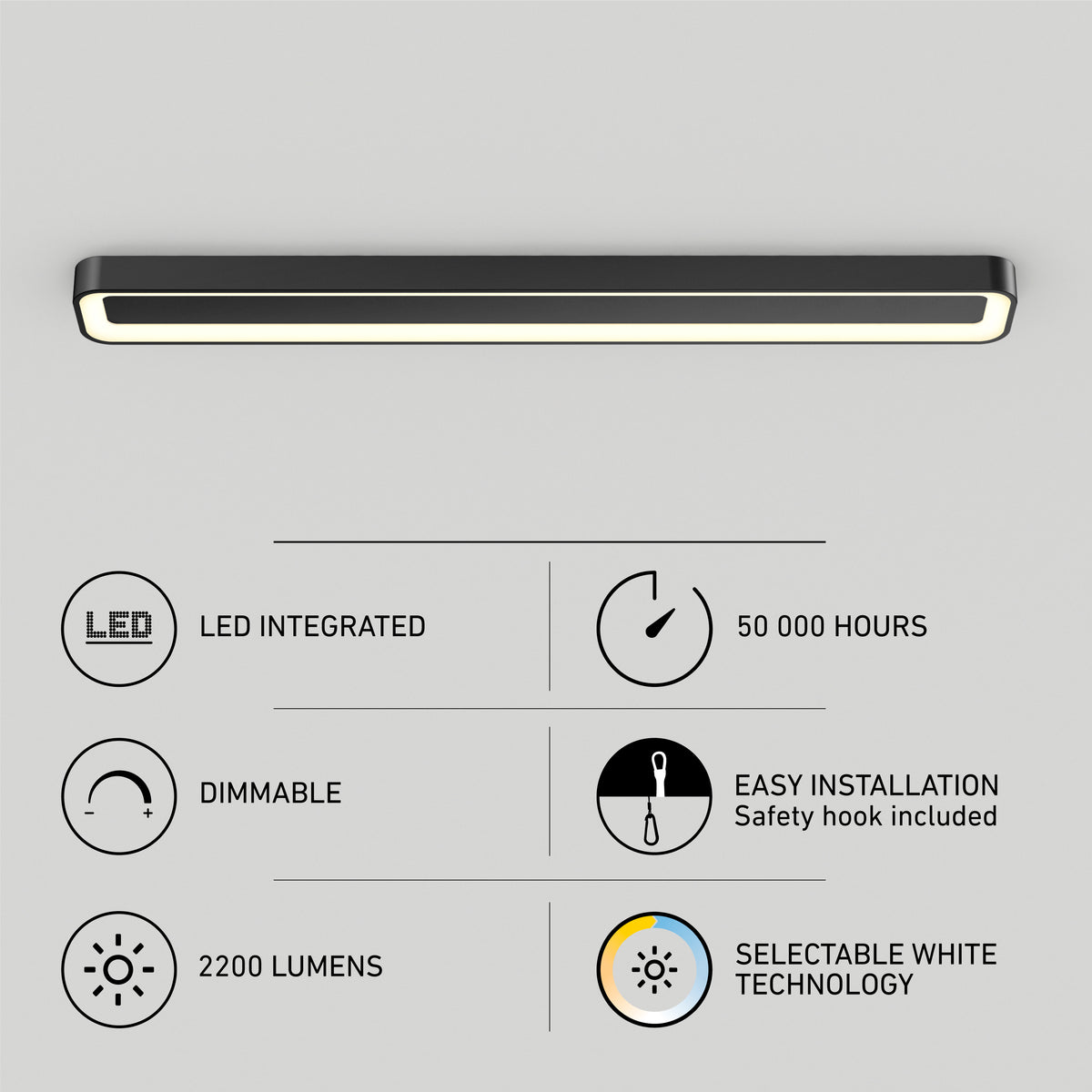 The Artika Aiden 48 in. LED modern flush mount light 5 CCT is shown above icons highlighting its features: integrated LED, 50,000-hour lifespan, dimmable, easy installation, 2200 lumens brightness, and selectable white technology.