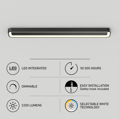 The Artika Aiden 48 in. LED modern flush mount light 5 CCT is shown above icons highlighting its features: integrated LED, 50,000-hour lifespan, dimmable, easy installation, 2200 lumens brightness, and selectable white technology.