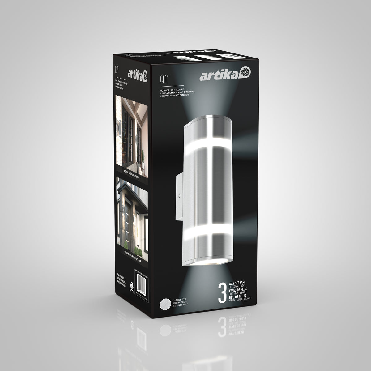 A black box displays an Artika Q1 outdoor wall light. The box shows a cylindrical stainless steel light fixture with vertical LED strips, as well as photos of the light installed outside a house. Text highlights three LED bulbs.
