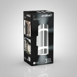 A black box displays an Artika Q1 outdoor wall light. The box shows a cylindrical stainless steel light fixture with vertical LED strips, as well as photos of the light installed outside a house. Text highlights three LED bulbs.