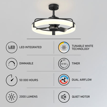 Artika Sunnyvale 23″ LED fandelier: remote, dimmable light, timer, dual airflow, quiet motor—features & specs clearly listed.