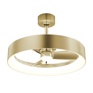 The Artika Austin 23 in. LED modern ceiling fan features a gold circular frame, three blades, integrated light, quiet motor, and mounts flush to the ceiling; includes remote control.