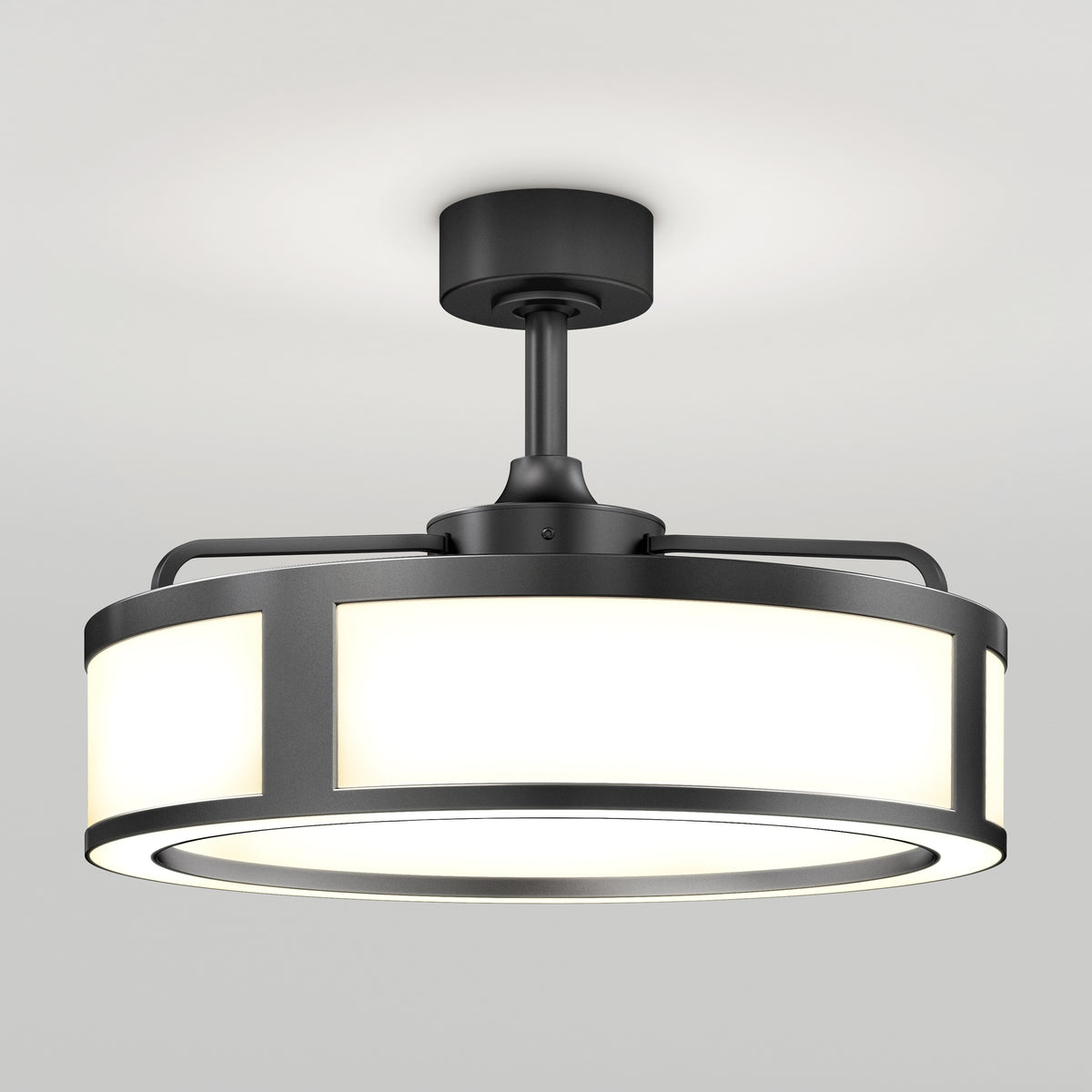 A modern, semi-flush mount ceiling light with a black metal frame and frosted white panels, emitting a soft glow against a plain light gray ceiling.