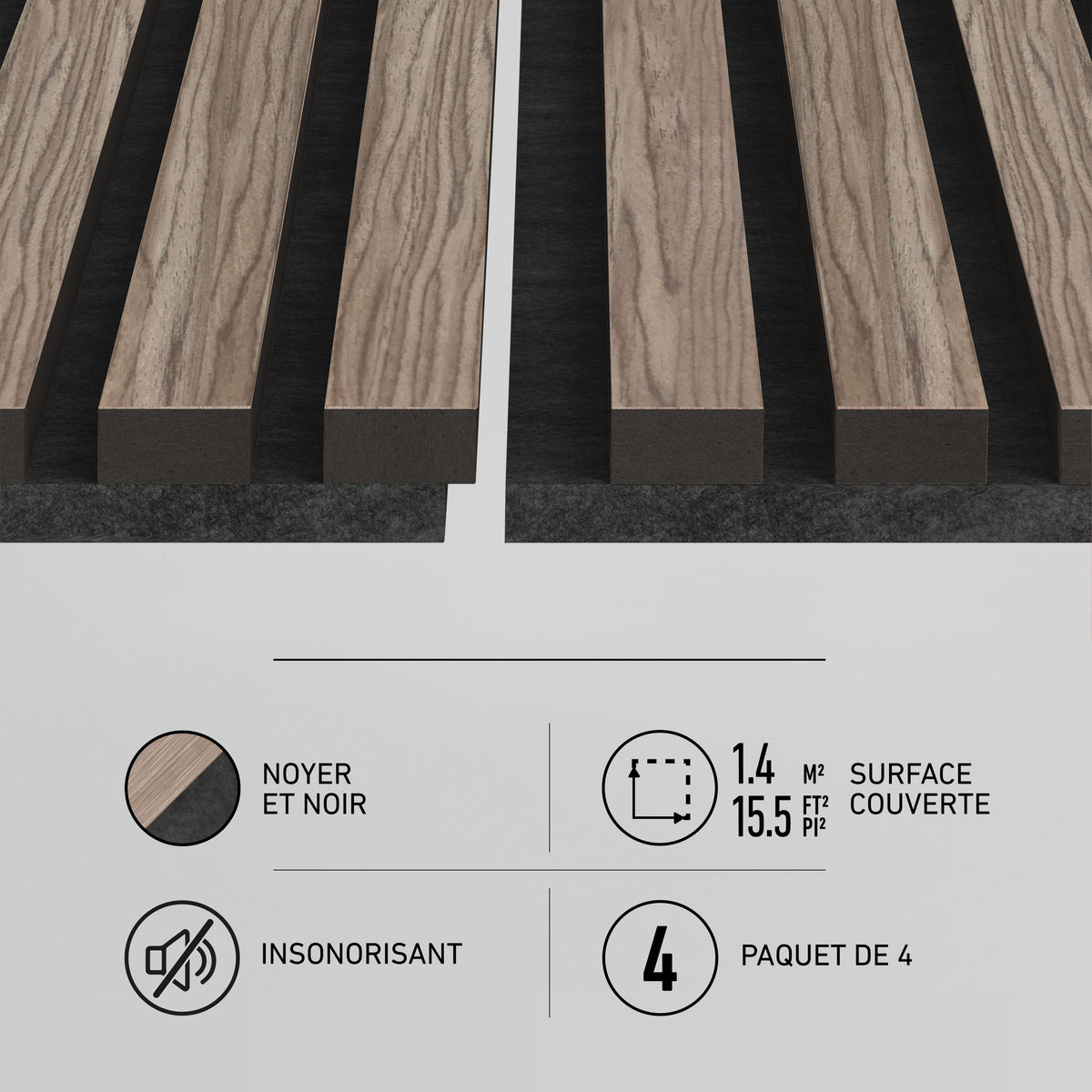 Artika Sonolok 15.5 ft sound-absorbing wall panel kit (4-pack): walnut/black, 1.4 m² coverage, sound-absorbing icons shown.