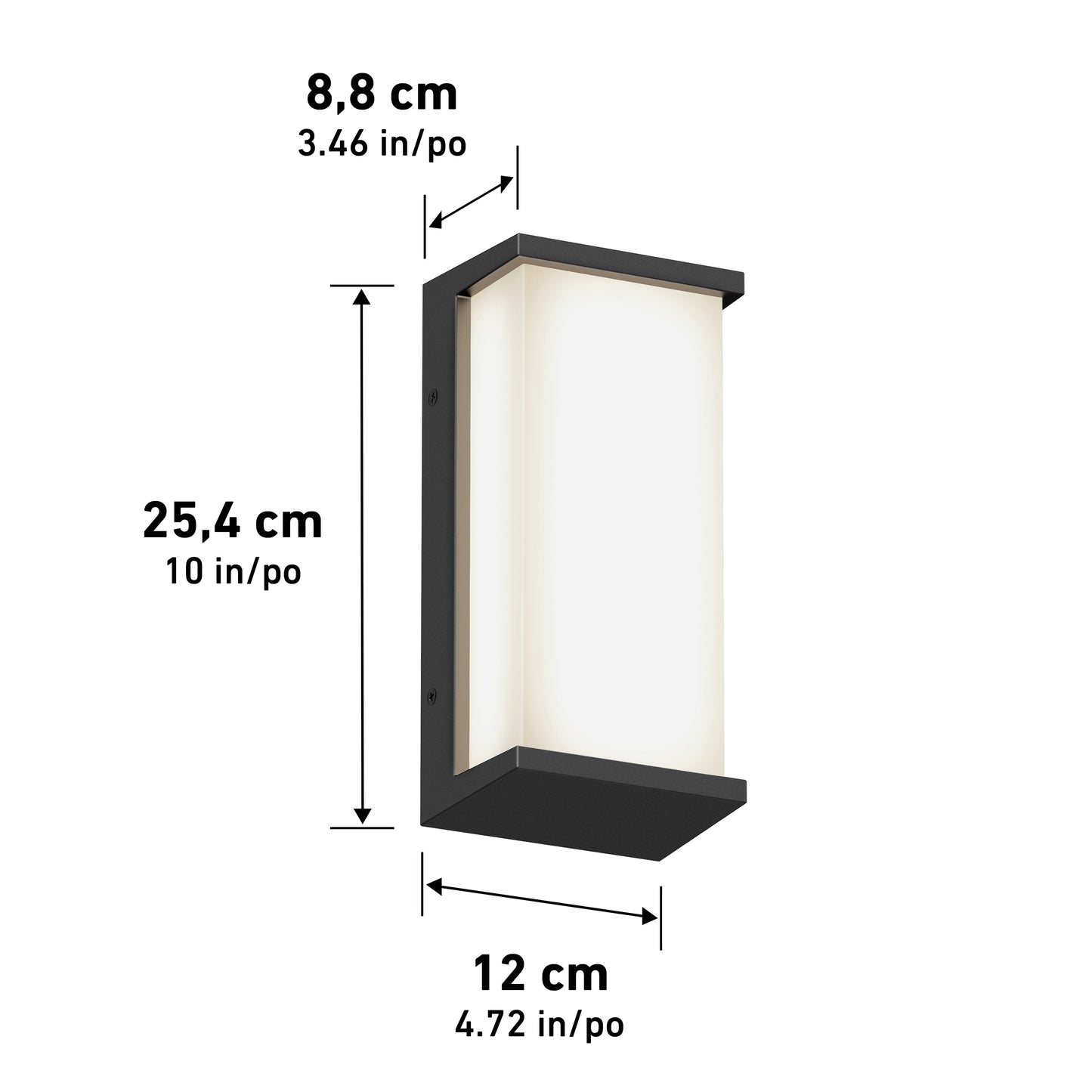 Artika Faro modern LED indoor-outdoor wall light features a black frame and frosted white panel. Shown dimensions: height 25.4 cm (10 in), width 12 cm (4.72 in), depth 8.8 cm (3.46 in). Arrows indicate measurements.