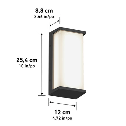 Artika Faro modern LED indoor-outdoor wall light features a black frame and frosted white panel. Shown dimensions: height 25.4 cm (10 in), width 12 cm (4.72 in), depth 8.8 cm (3.46 in). Arrows indicate measurements.
