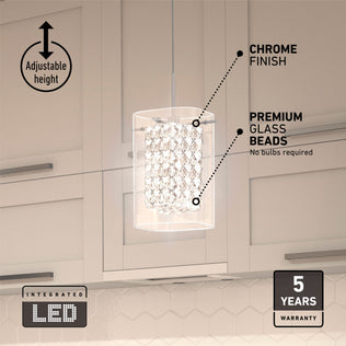The Artika Crystal Cube 1-light LED pendant features a chrome finish and premium glass beads, perfect for modern kitchens. Enjoy adjustable height, built-in LED—no bulbs needed—and a 5-year warranty. Icons showcase product benefits.