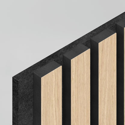 A close-up of the Artika Sonolok sound-absorbing wall panel kit, featuring alternating light wood and black vertical slats, set against a plain light gray background.