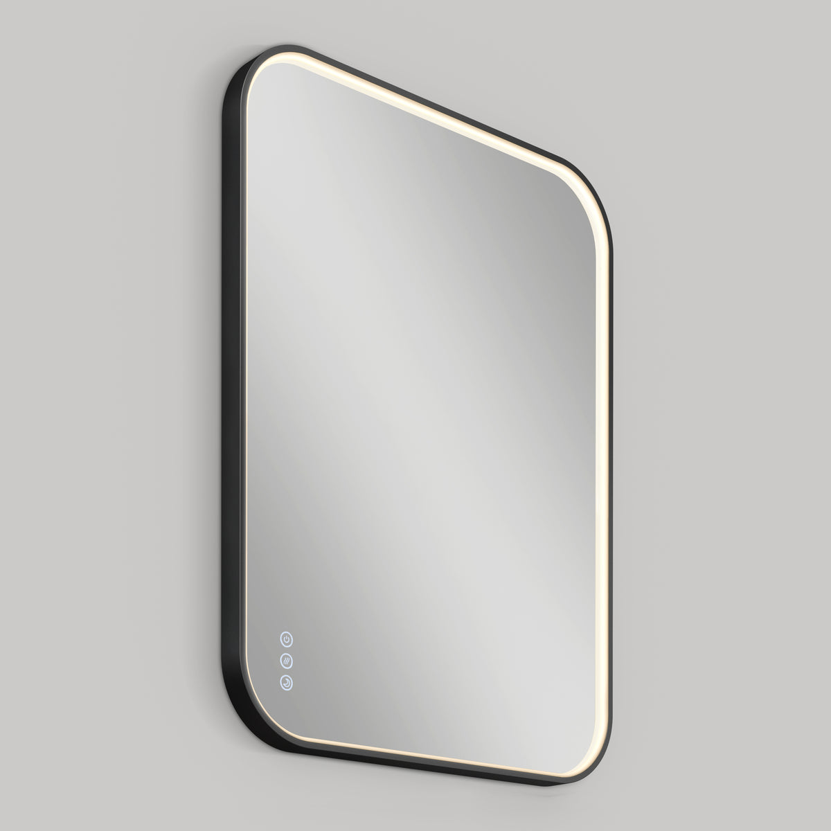 A modern, rectangular mirror with rounded corners, a black frame, and built-in LED lighting around the edges. Three touch-sensitive control icons are visible in the lower left corner. The mirror is mounted on a gray wall.