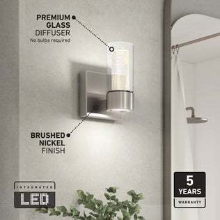 Artika Essence 1-light LED vanity light with dimmable accent, glass diffuser, brushed nickel finish, and 5-year warranty.