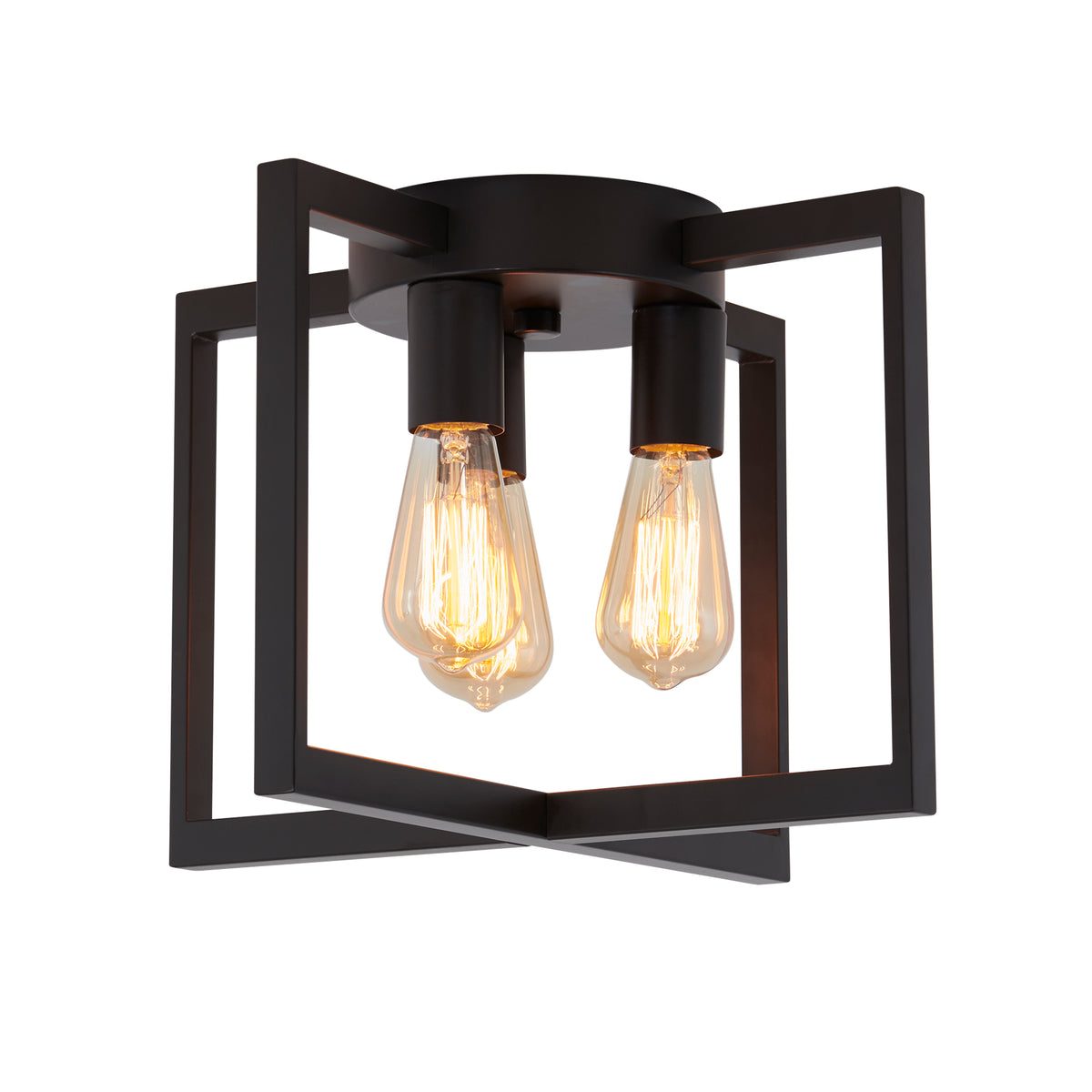 A modern ceiling light fixture with two exposed Edison bulbs and a geometric black metal frame, viewed against a white background.