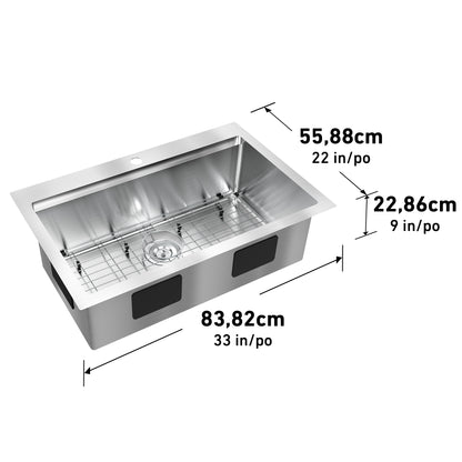 The Artika Newport single bowl stainless steel workstation sink includes a grid and measures 83.82 cm (33 in) wide, 55.88 cm (22 in) deep, and 22.86 cm (9 in) high.