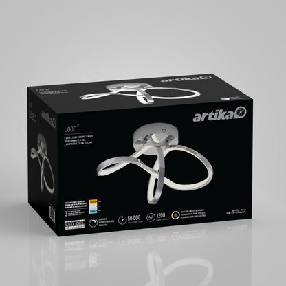A black and gray box displays an Artika Loop modern LED flush mount light 3 CCT with a stylish, looped design. The packaging shows images, specs, and Artika branding on a light gray background.