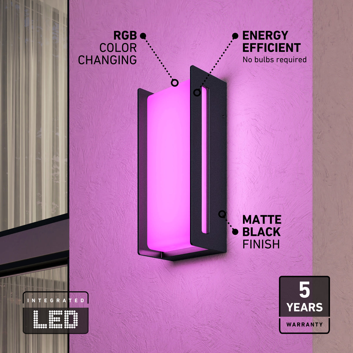 A modern matte black wall light with integrated LED emits a pink glow. Text highlights features: RGB color changing, energy efficient (no bulbs required), and a 5-year warranty. The light is mounted on a stucco wall.
