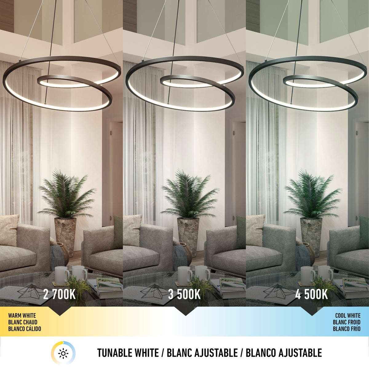 A modern living room with circular hanging lights shown in three color temperatures: warm white (2700K), neutral white (3500K), and cool white (4500K). The room has gray sofas, a plant, and a coffee table.
