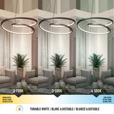 A modern living room with circular hanging lights shown in three color temperatures: warm white (2700K), neutral white (3500K), and cool white (4500K). The room has gray sofas, a plant, and a coffee table.
