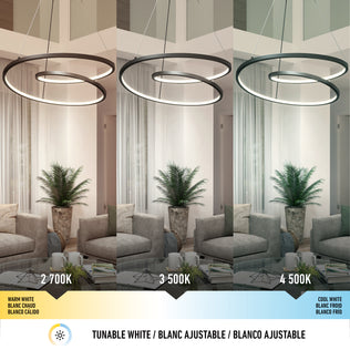 Three modern living rooms each display the Artika Salto LED pendant light at different color temperatures—warm white (2700K), neutral white (3500K), and cool white (4500K)—with labeled descriptions below each setting.