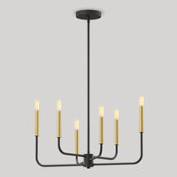 Artika Manchester 6-light pendant: modern matte black chandelier with gold sockets, exposed bulbs—ideal for transitional spaces.