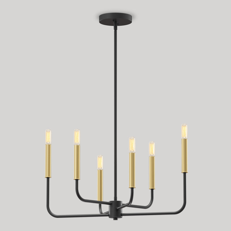 Artika Manchester 6-light pendant: modern matte black chandelier with gold sockets, exposed bulbs—ideal for transitional spaces.